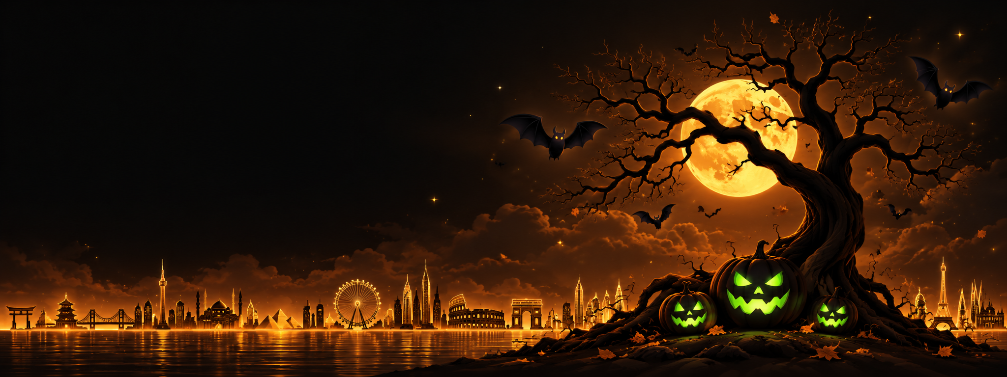 Glowing Halloween pumpkins beneath a twisted tree and amber moon above an illuminated city skyline